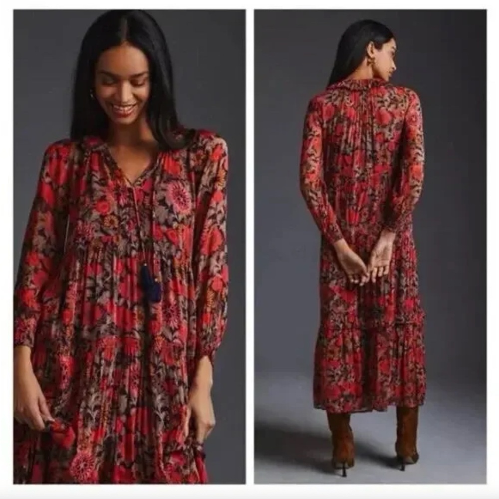 Anthropologie Red Floral Maxi Dress